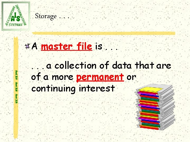 Storage. . . A master file is. . . Acct 316 . . .