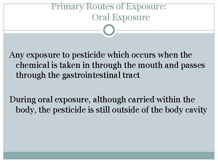 Primary Routes of Exposure: Oral Exposure Any exposure to pesticide which occurs when the