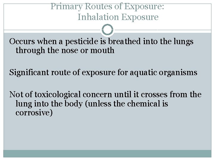 Primary Routes of Exposure: Inhalation Exposure Occurs when a pesticide is breathed into the