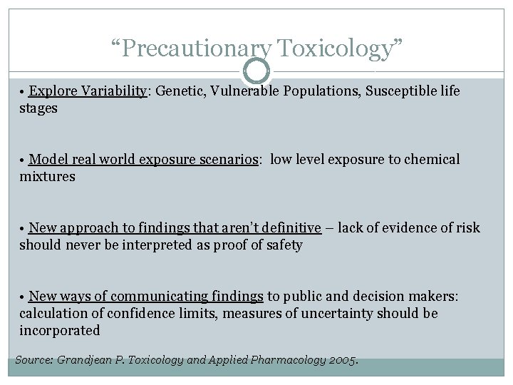 “Precautionary Toxicology” • Explore Variability: Genetic, Vulnerable Populations, Susceptible life stages • Model real