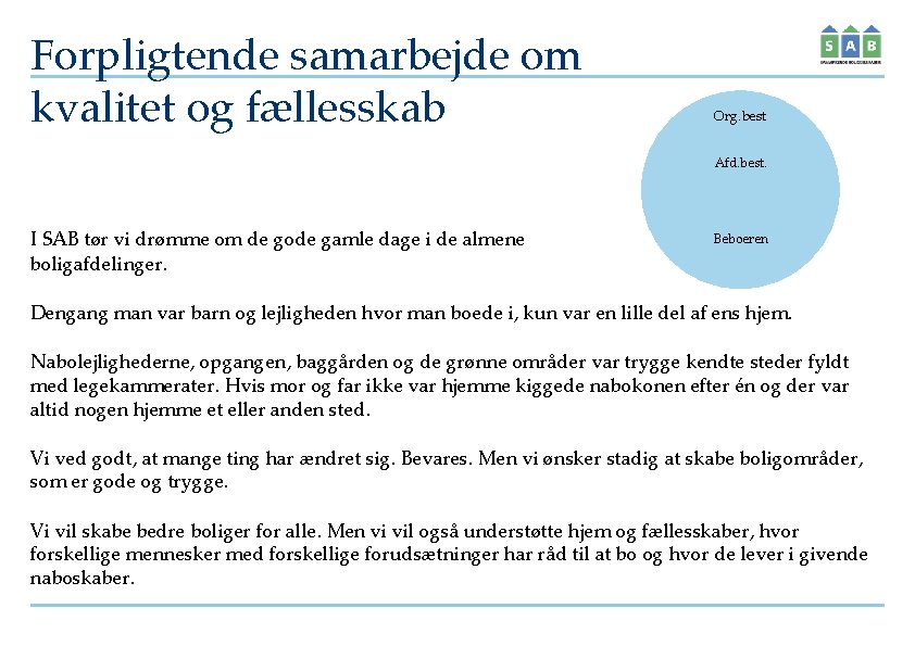 Forpligtende samarbejde om kvalitet og fællesskab Org. best Afd. best. I SAB tør vi