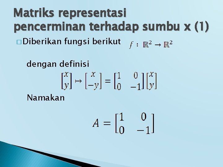 Matriks representasi pencerminan terhadap sumbu x (1) � Diberikan fungsi berikut dengan definisi Namakan