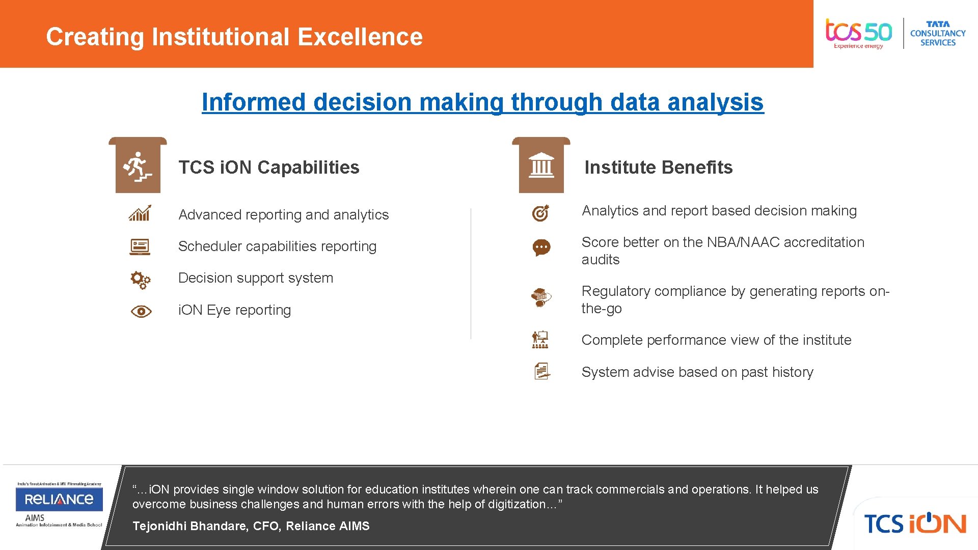 Creating Institutional Excellence Informed decision making through data analysis TCS i. ON Capabilities Institute