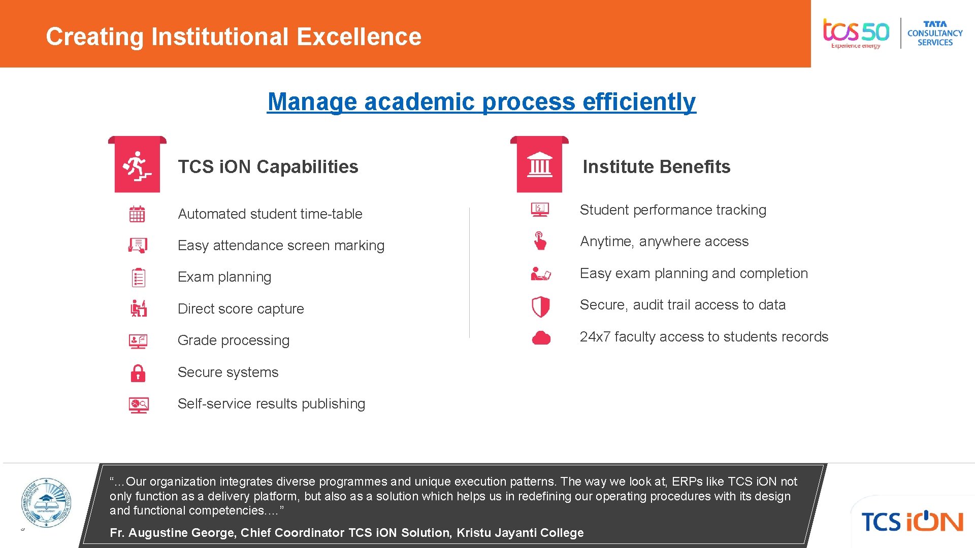 Creating Institutional Excellence Manage academic process efficiently TCS i. ON Capabilities Institute Benefits Automated