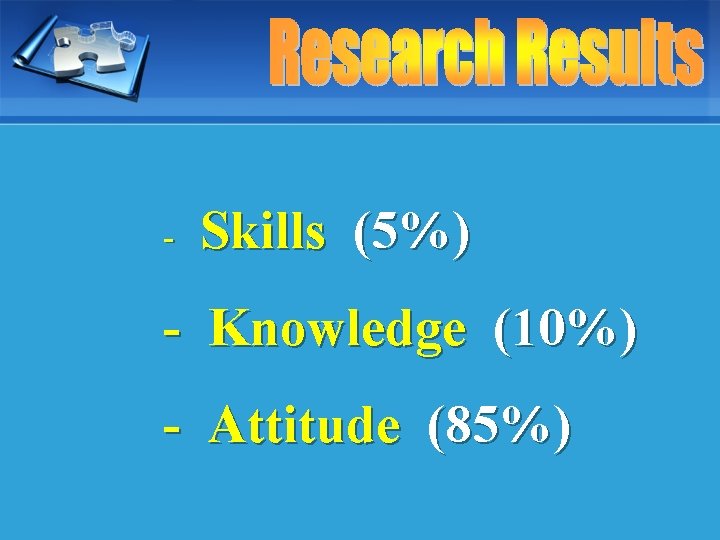 - Skills (5%) - Knowledge (10%) - Attitude (85%) 
