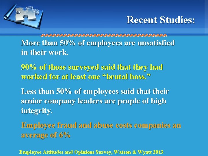 Recent Studies: More than 50% of employees are unsatisfied in their work. 90% of