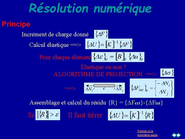 Résolution numérique Principe Incrément de charge donné Calcul élastique ==> Pour chaque élément Élastique Résolution numérique Principe Incrément de charge donné Calcul élastique ==> Pour chaque élément Élastique