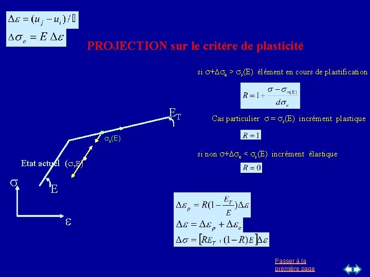 PROJECTION sur le critère de plasticité Etat présumé si s+Dse > ss(E) élément en PROJECTION sur le critère de plasticité Etat présumé si s+Dse > ss(E) élément en