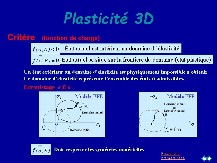 Plasticité 3 D Critère (fonction de charge) État actuel est intérieur au domaine d Plasticité 3 D Critère (fonction de charge) État actuel est intérieur au domaine d