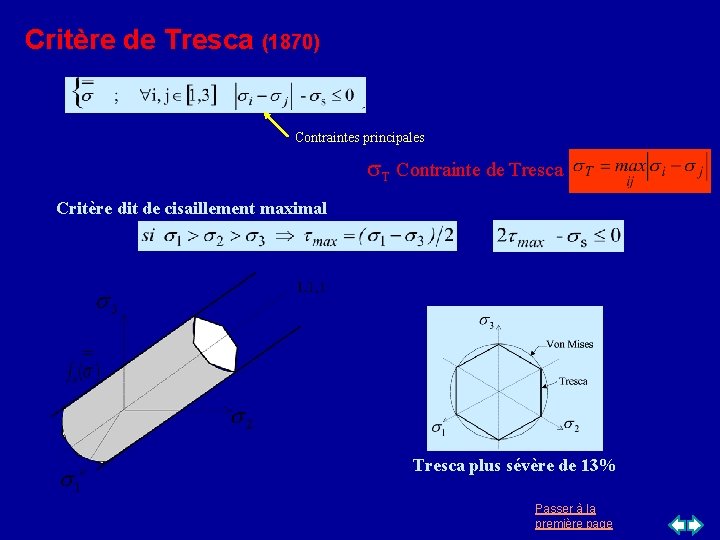 Critère de Tresca (1870) Contraintes principales s. T Contrainte de Tresca Critère dit de Critère de Tresca (1870) Contraintes principales s. T Contrainte de Tresca Critère dit de