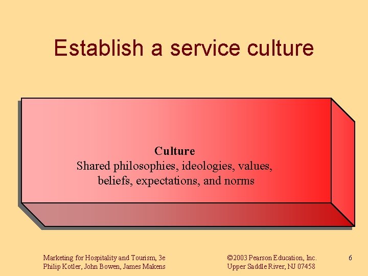 Establish a service culture Culture Shared philosophies, ideologies, values, beliefs, expectations, and norms Marketing