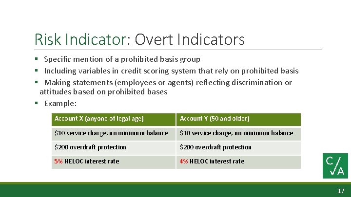 Risk Indicator: Overt Indicators § Specific mention of a prohibited basis group § Including