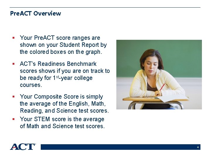 Pre. ACT Overview § Your Pre. ACT score ranges are shown on your Student