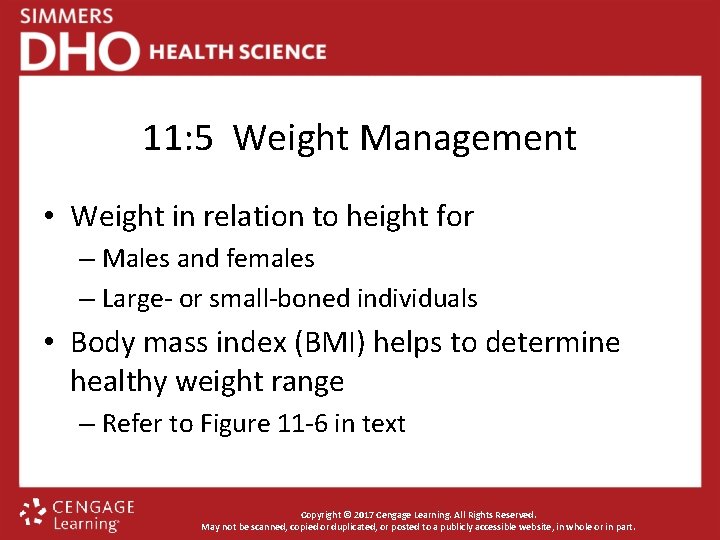 11: 5 Weight Management • Weight in relation to height for – Males and