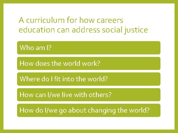 A curriculum for how careers education can address social justice Who am I? How