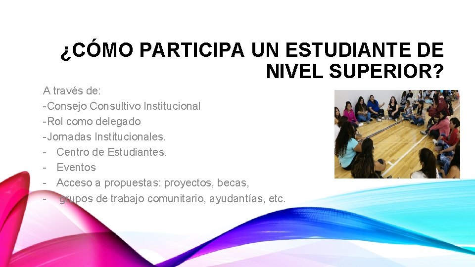 ¿CÓMO PARTICIPA UN ESTUDIANTE DE NIVEL SUPERIOR? A través de: -Consejo Consultivo Institucional -Rol