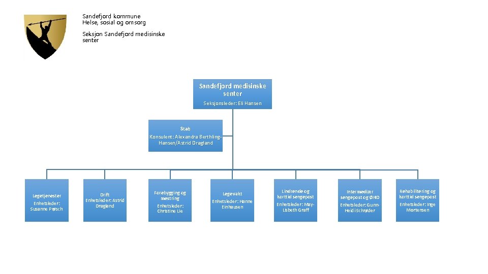 Sandefjord kommune Helse, sosial og omsorg Seksjon Sandefjord medisinske senter Seksjonsleder: Eli Hansen Stab