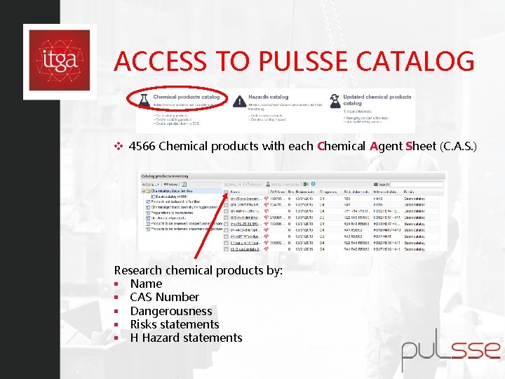 ACCESS TO PULSSE CATALOG v 4566 Chemical products with each Chemical Agent Sheet (C.