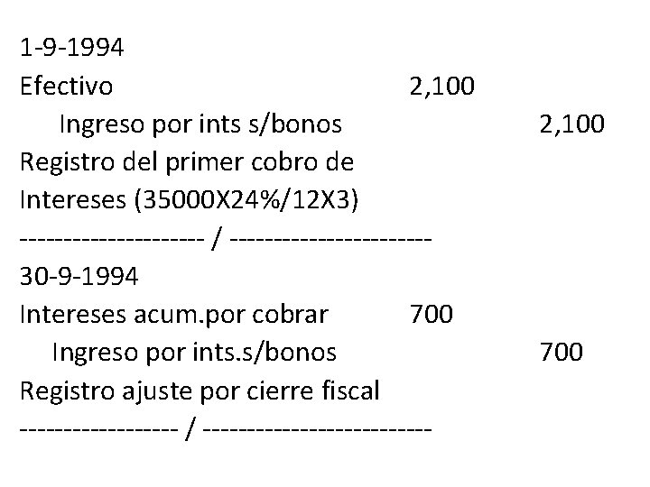 1 -9 -1994 Efectivo 2, 100 Ingreso por ints s/bonos Registro del primer cobro