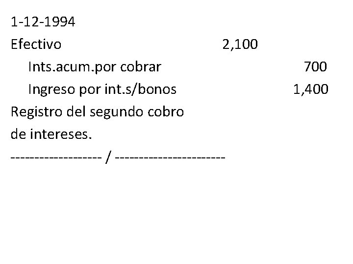 1 -12 -1994 Efectivo 2, 100 Ints. acum. por cobrar Ingreso por int. s/bonos