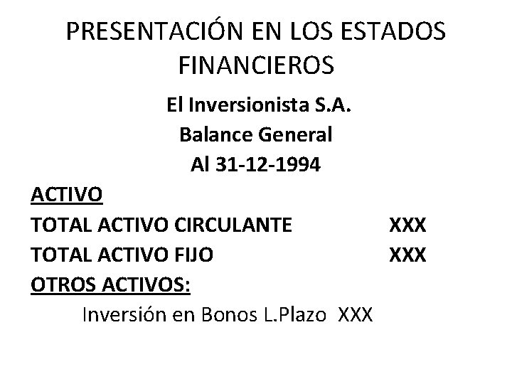 PRESENTACIÓN EN LOS ESTADOS FINANCIEROS El Inversionista S. A. Balance General Al 31 -12