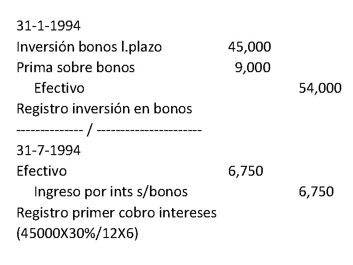31 -1 -1994 Inversión bonos l. plazo 45, 000 Prima sobre bonos 9, 000