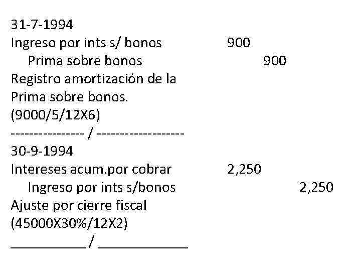 31 -7 -1994 Ingreso por ints s/ bonos Prima sobre bonos Registro amortización de