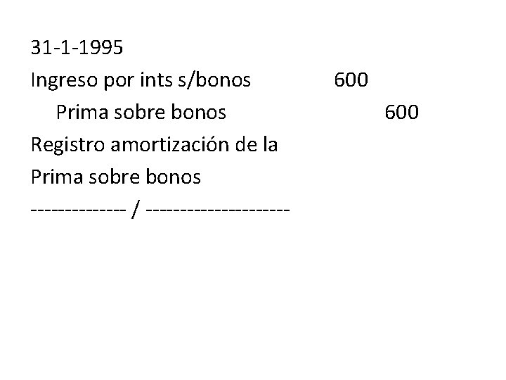 31 -1 -1995 Ingreso por ints s/bonos Prima sobre bonos Registro amortización de la