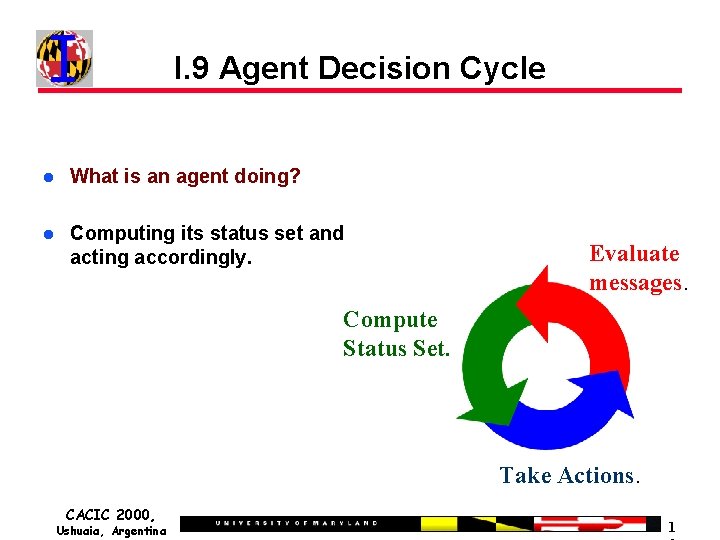 I. 9 Agent Decision Cycle What is an agent doing? Computing its status set