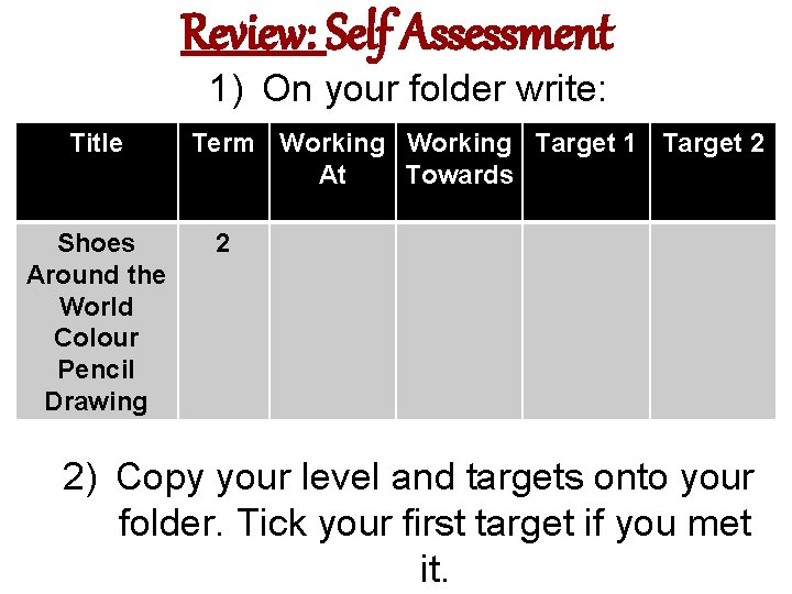 Review: Self Assessment 1) On your folder write: Title Shoes Around the World Colour