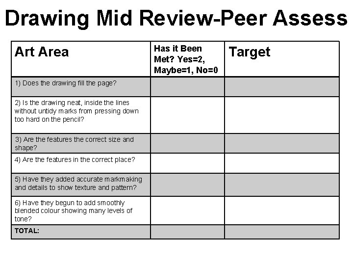 Drawing Mid Review-Peer Assess Art Area 1) Does the drawing fill the page? 2)