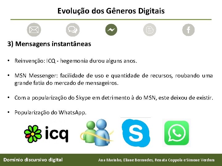 Evolução dos Gêneros Digitais 3) Mensagens instantâneas • Reinvenção: ICQ - hegemonia durou alguns