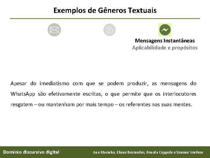 Exemplos de Gêneros Textuais Mensagens Instantâneas Aplicabilidade e propósitos Apesar do imediatismo com que