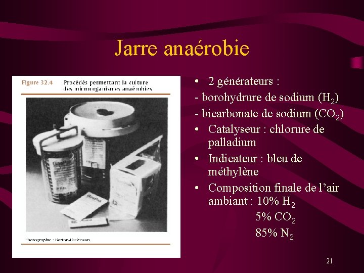 Jarre anaérobie • 2 générateurs : - borohydrure de sodium (H 2) - bicarbonate