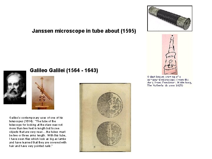 Janssen microscope in tube about (1595) Galileo Galilei (1564 - 1643) Galileo’s contemporary uses