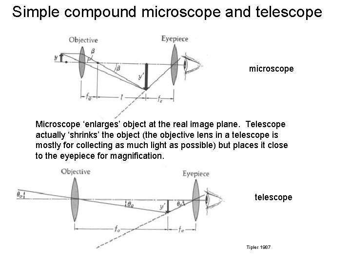 Simple compound microscope and telescope microscope Microscope ‘enlarges’ object at the real image plane.