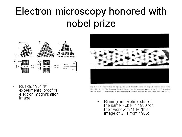Electron microscopy honored with nobel prize • Ruska, 1931 1 st experimental proof of