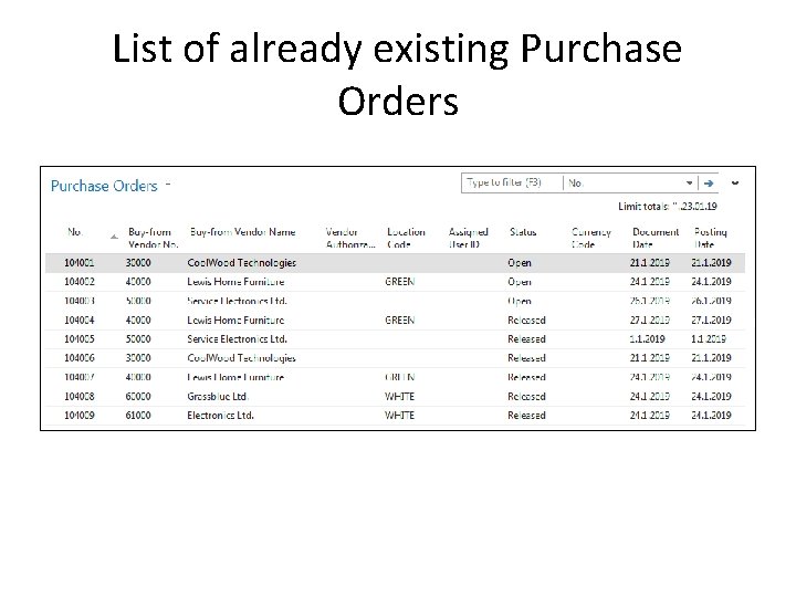 List of already existing Purchase Orders 