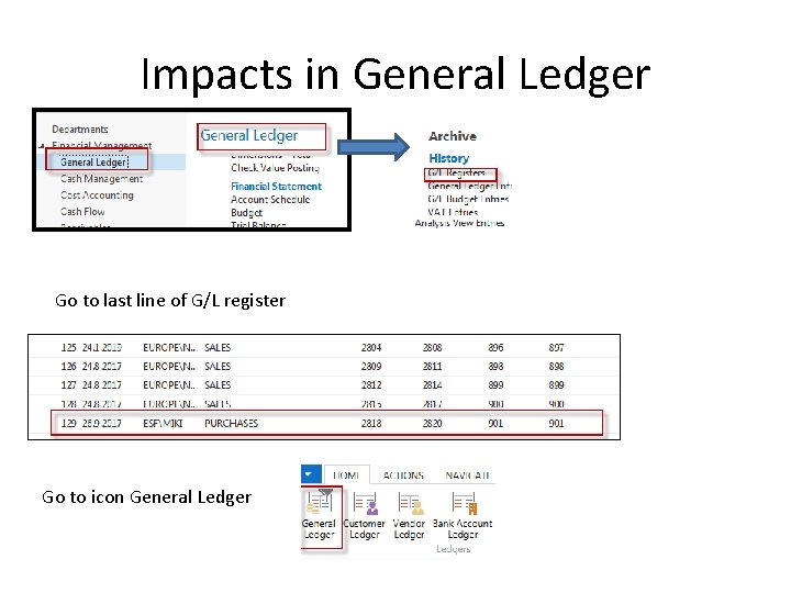 Impacts in General Ledger Go to last line of G/L register Go to icon
