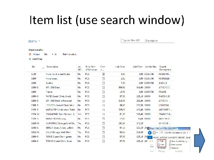 Item list (use search window) 