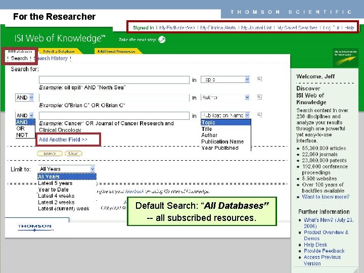 THOMSON For the Researcher SCIENTIFIC Default Search: “All Databases” -- all subscribed resources. 12