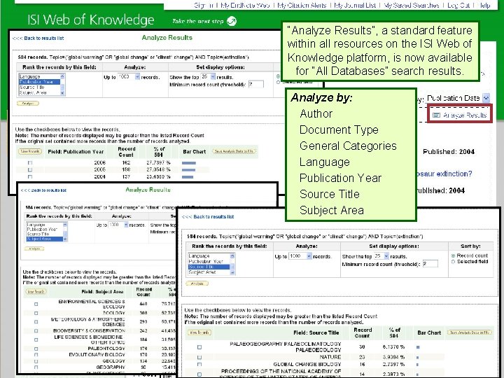 THOMSON SCIENTIFIC “Analyze Results”, a standard feature within all resources on the ISI Web