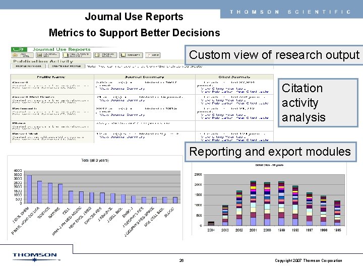 THOMSON Journal Use Reports SCIENTIFIC Metrics to Support Better Decisions Custom view of research