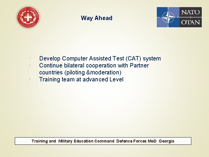 Way Ahead • • • Develop Computer Assisted Test (CAT) system Continue bilateral cooperation