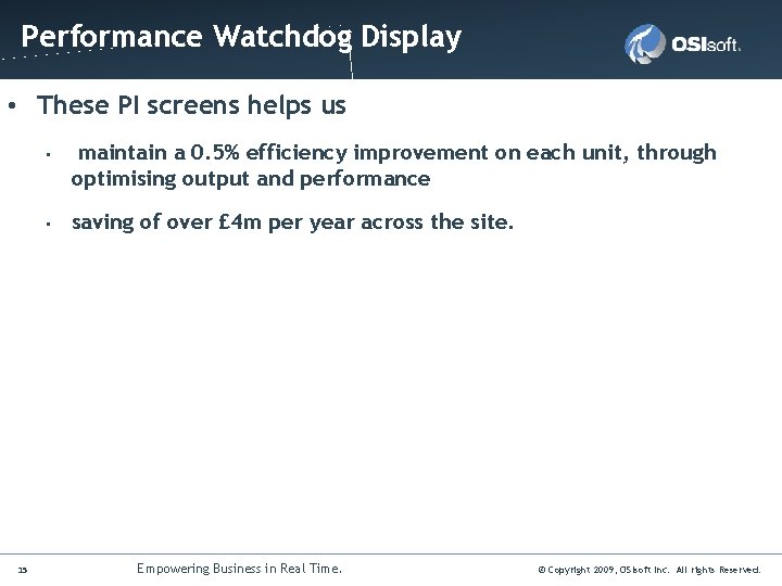 Click to edit Master title style Performance Watchdog Display • These PI screens helps