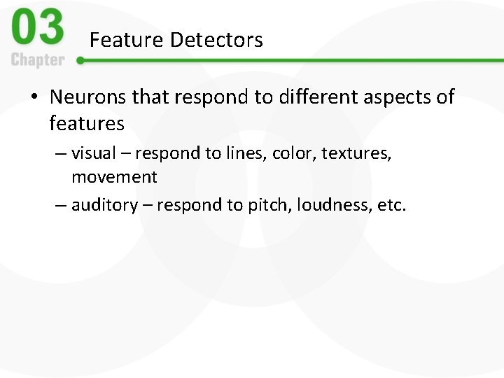 Feature Detectors • Neurons that respond to different aspects of features – visual –