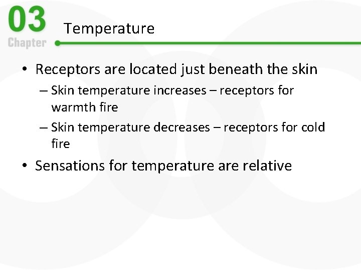 Temperature • Receptors are located just beneath the skin – Skin temperature increases –