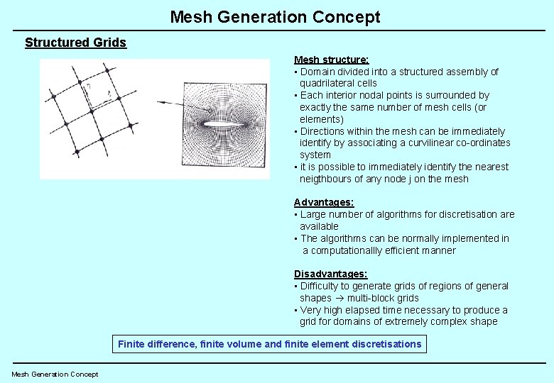 Mesh Generation Concept Structured Grids Mesh structure: • Domain divided into a structured assembly