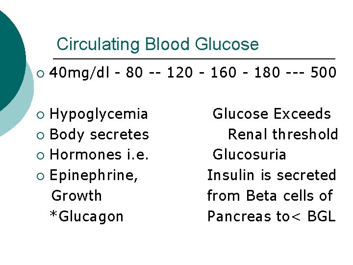 Circulating Blood Glucose ¡ 40 mg/dl - 80 -- 120 - 160 - 180