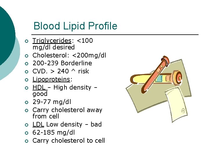 Blood Lipid Profile ¡ ¡ ¡ Triglycerides: <100 mg/dl desired Cholesterol: <200 mg/dl 200